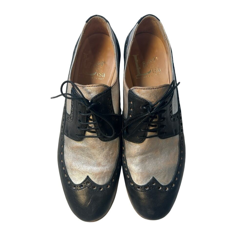 La Bottega di Lisa Wingtip Oxfords EU 38 Metallic Silver Black Leather Shoes 7.5